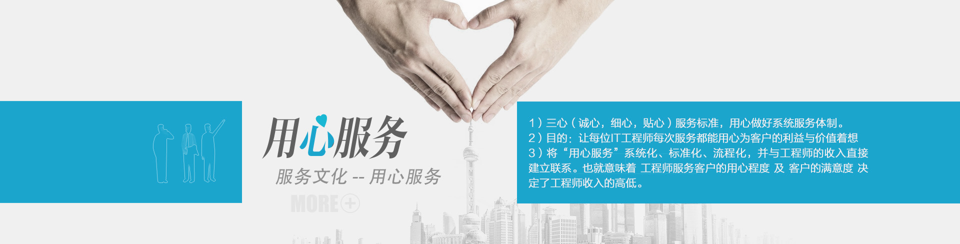 云爍快服的服務(wù)文化——用心服務(wù)。1）三心（誠心，細心，貼心）服務(wù)標準，用心做好系統(tǒng)服務(wù)體制。2）目的：讓每位IT工程師每次服務(wù)都能用心為客戶的利益與價值著想。3）將“用心服務(wù)”系統(tǒng)化、標準化、流程化，并與工程師的收入直接建立聯(lián)系。也就意味著工程師服務(wù)客戶的用心程度及客戶的滿意度決定了工程師收入的高低。